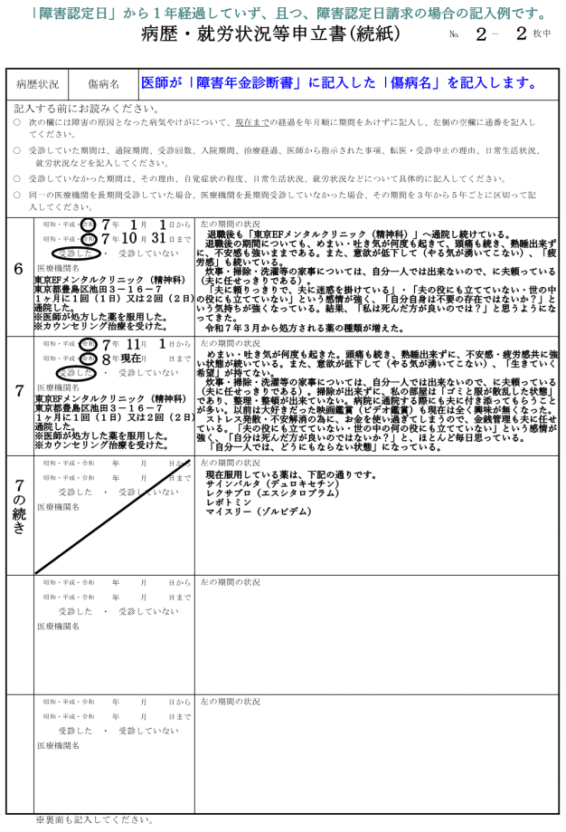 「病歴・就労状況等申立書続紙（表面）」の記入例です。